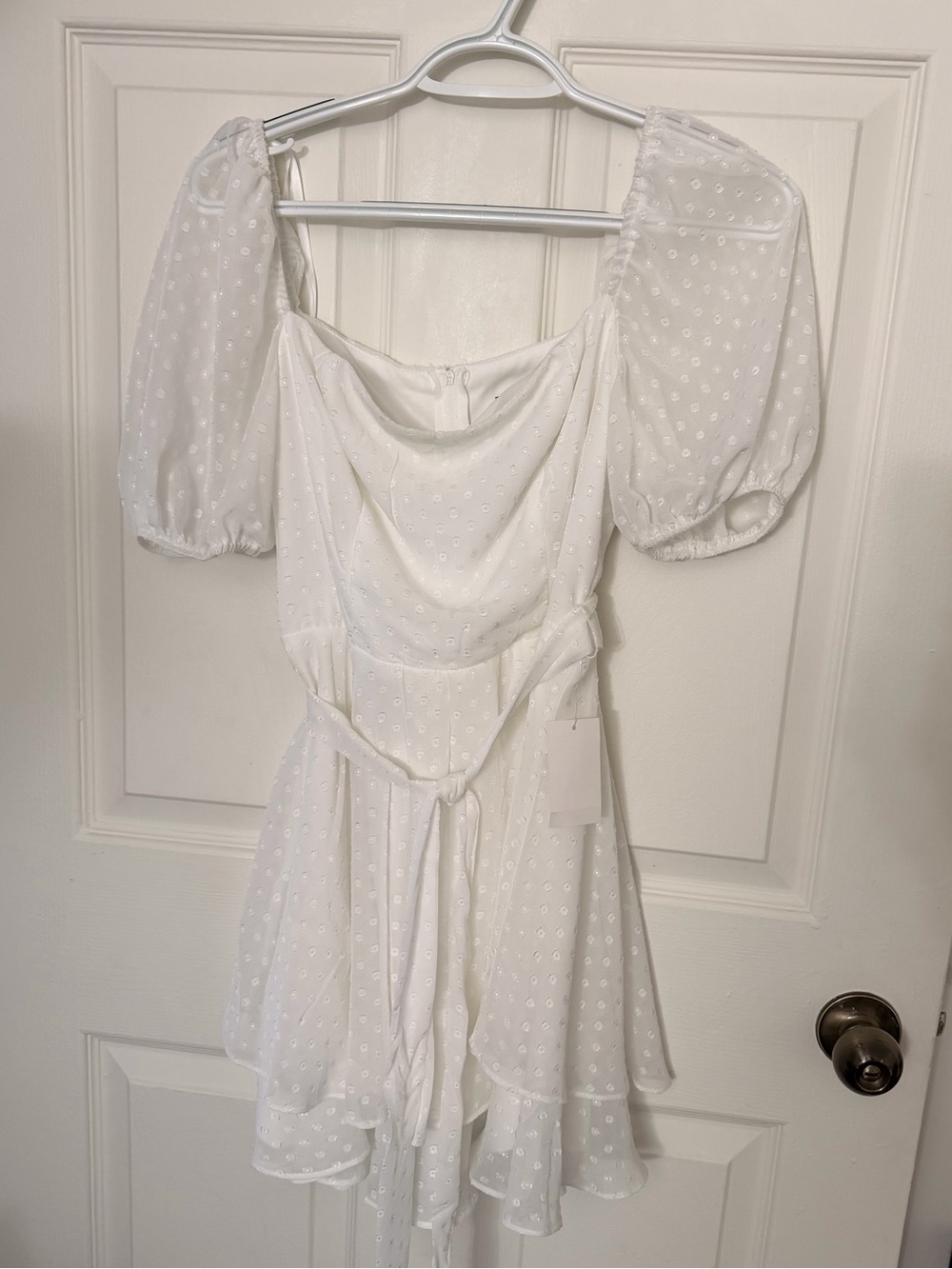 B. Smart White Puff-Sleeve Eyelet Mini Dress with Tie Waist
